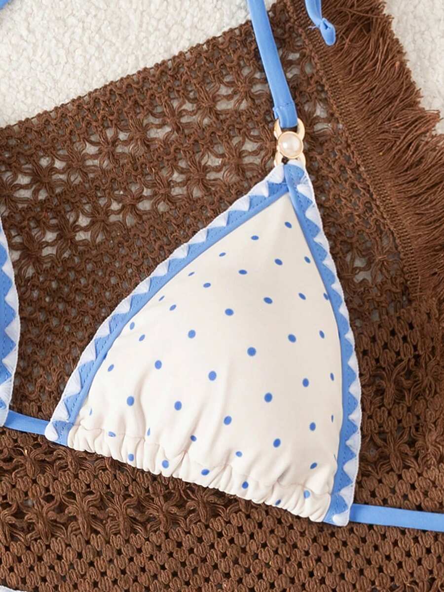 Women's triangle bikini set with contrast lace wireless bra top and ultra high waist tie side bottoms.