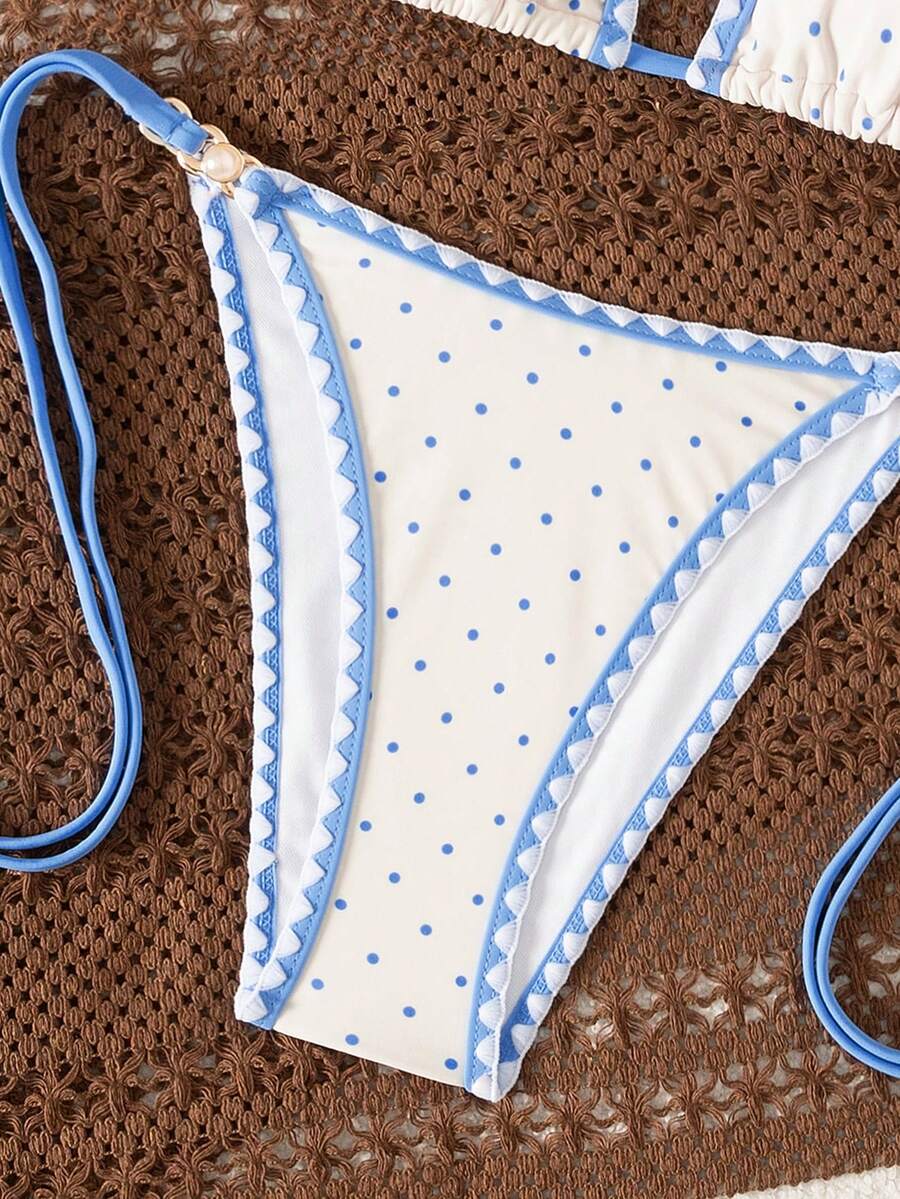 Women's triangle bikini set with contrast lace wireless bra top and ultra high waist tie side bottoms.