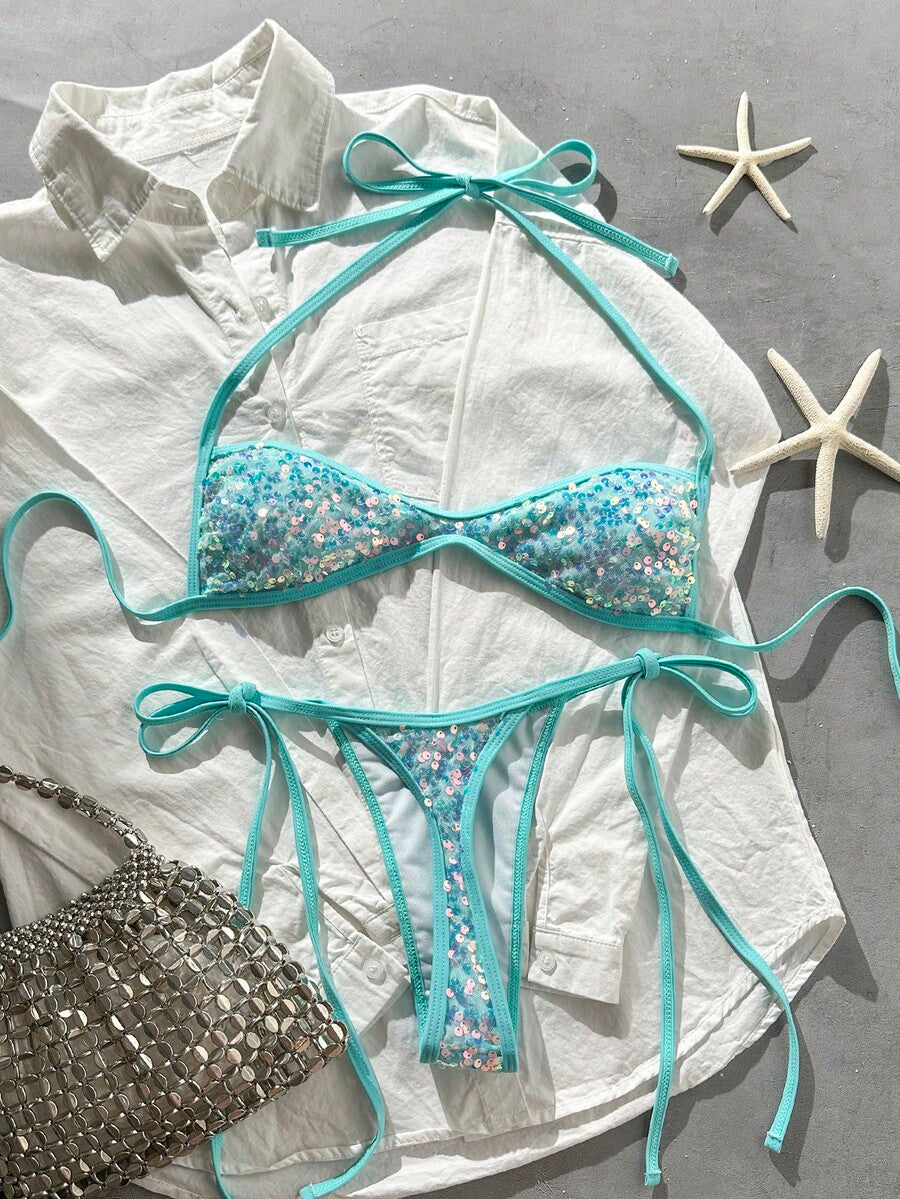 Apricot 2-piece sequin textured halter bikini set featuring a wireless top with lace-up backless ties and matching low-waist side-tie thong bottoms.