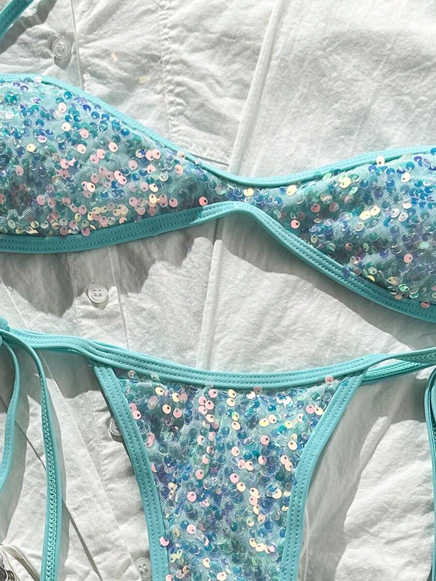 Apricot 2-piece sequin textured halter bikini set featuring a wireless top with lace-up backless ties and matching low-waist side-tie thong bottoms.