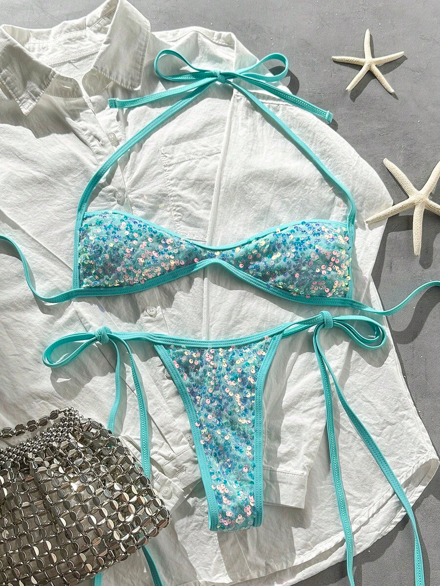 Apricot 2-piece sequin textured halter bikini set featuring a wireless top with lace-up backless ties and matching low-waist side-tie thong bottoms.