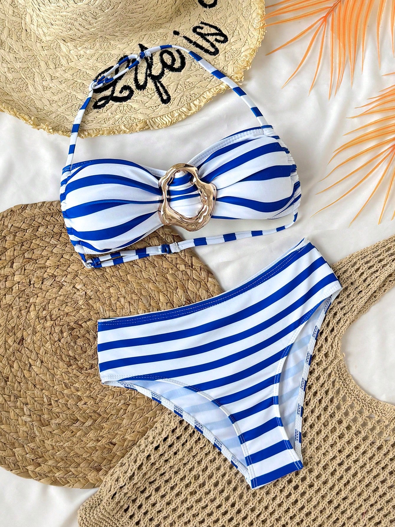 Tween Girls Bikini Sets (Large) Swimsuit Set, Blue And White Striped, Fashionable Casual Elegant Sophisticated For Summer, Beach, Swimming, Vacation, Tween Girl