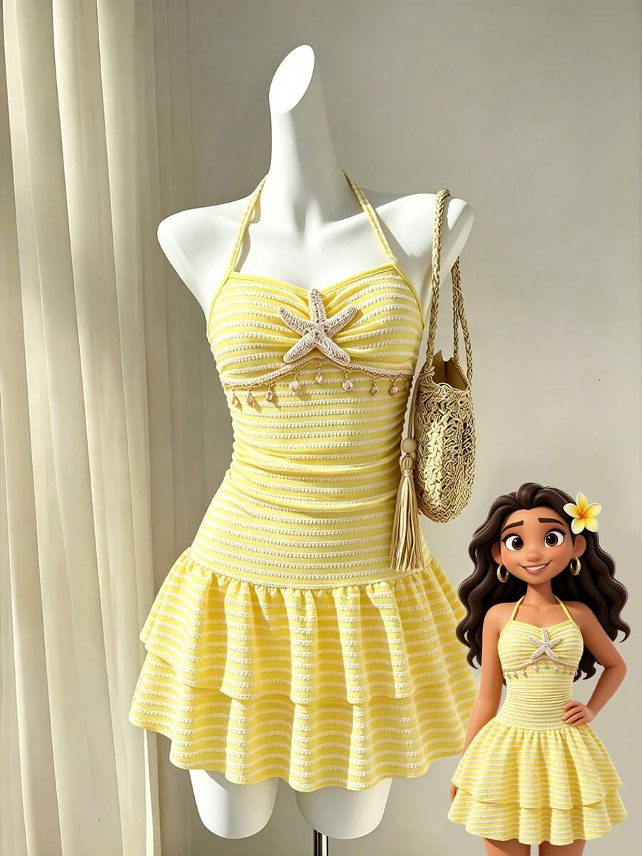 Tween girls apricot sleeveless halter mini dress with textured starfish and shell decor, shirred tiered layer, high waist, and flounce hem.
