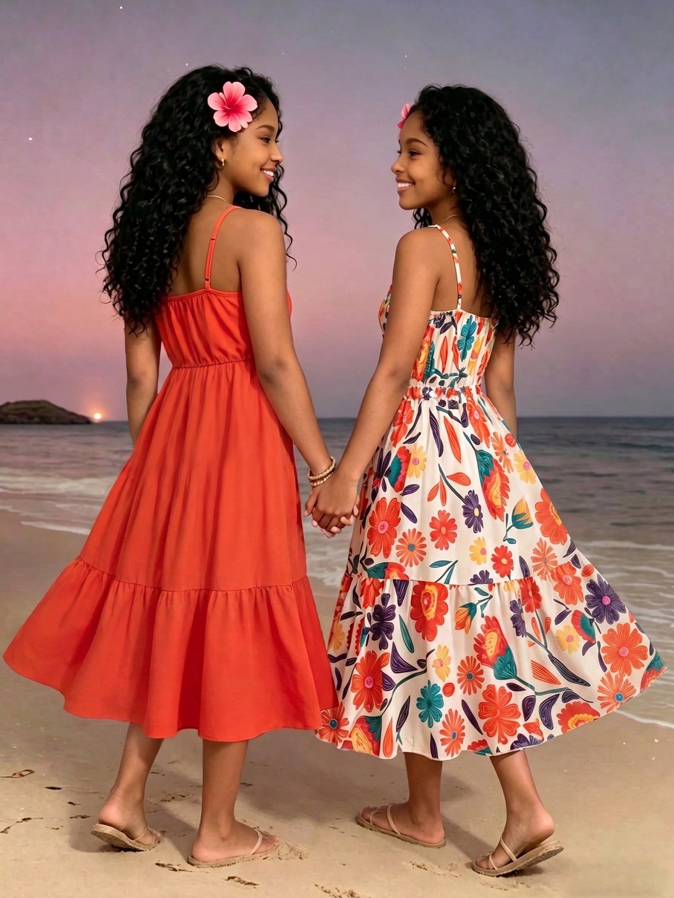 Girls' 2-piece summer sleeveless cami dress set with spaghetti straps, shirred detail, high waist, flounce hem, and multicolor fruit and plant print for vacation or beach matching outfits.