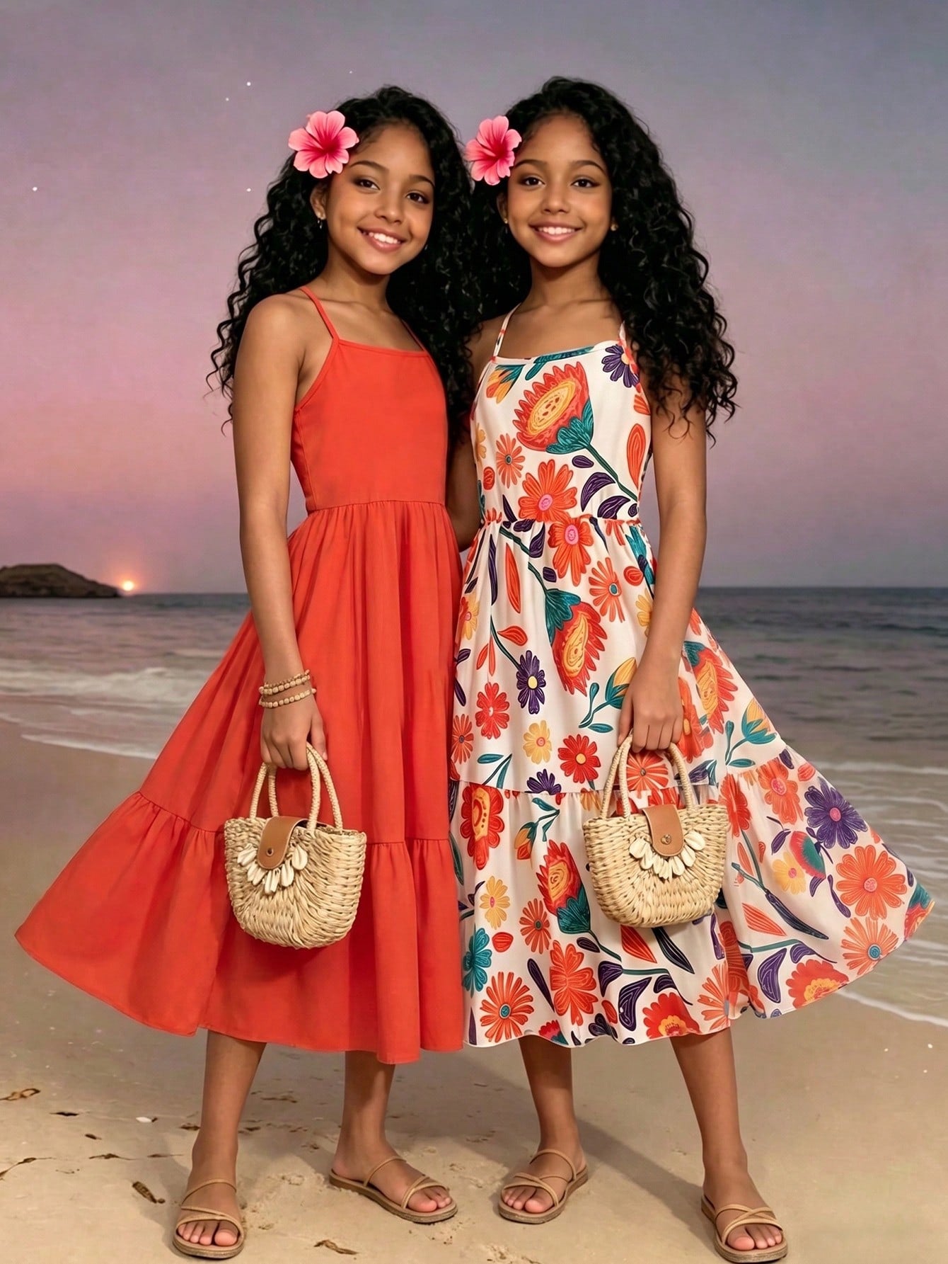Girls' 2-piece summer sleeveless cami dress set with spaghetti straps, shirred detail, high waist, flounce hem, and multicolor fruit and plant print for vacation or beach matching outfits.