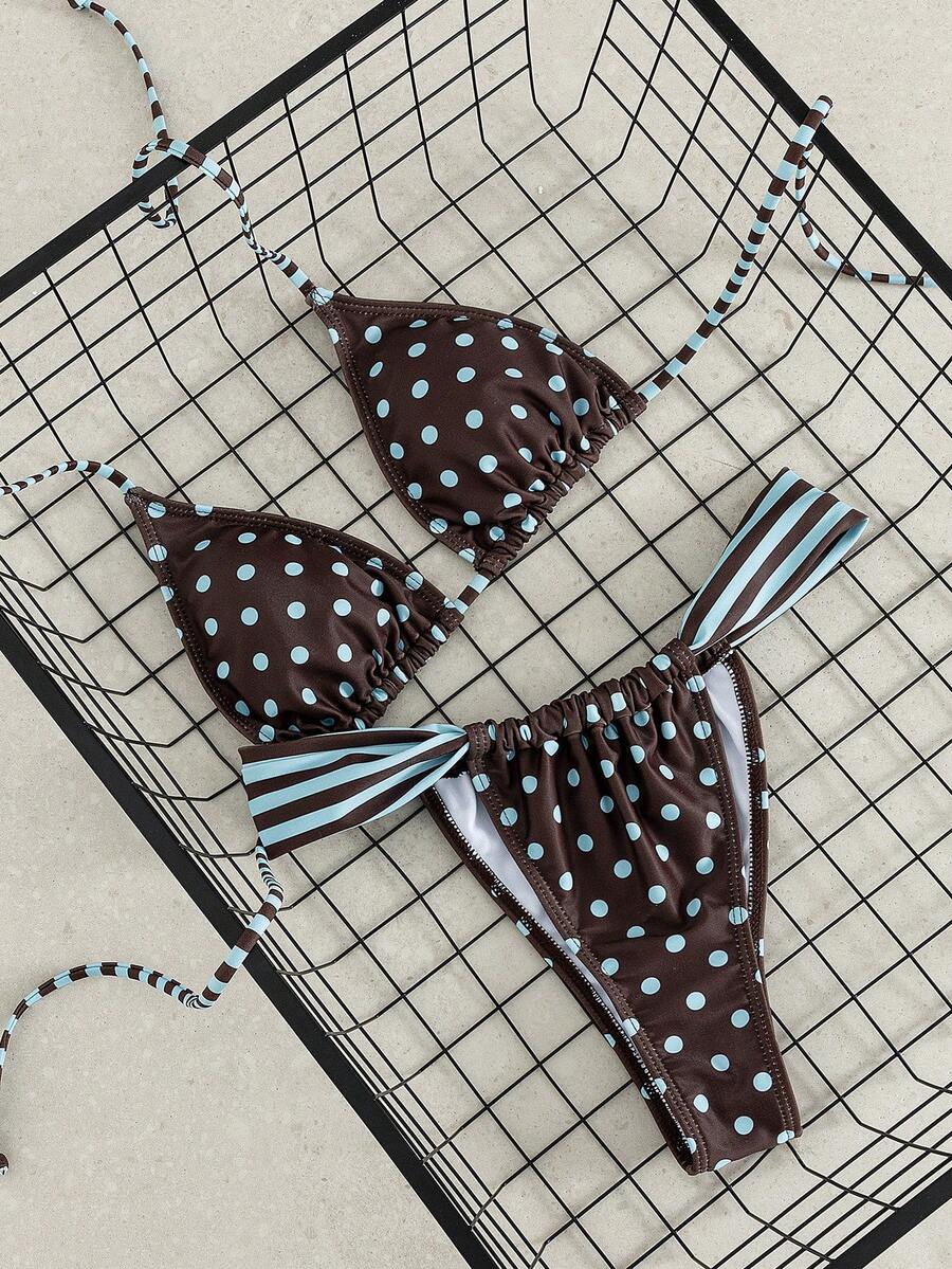 Women's striped halter two-piece swimsuit featuring a lace-up triangle top with removable padding and high-cut low-waist bikini bottoms.