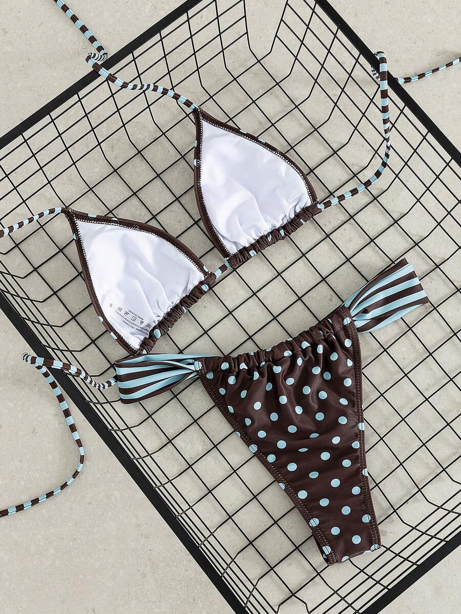 Women's striped halter two-piece swimsuit featuring a lace-up triangle top with removable padding and high-cut low-waist bikini bottoms.