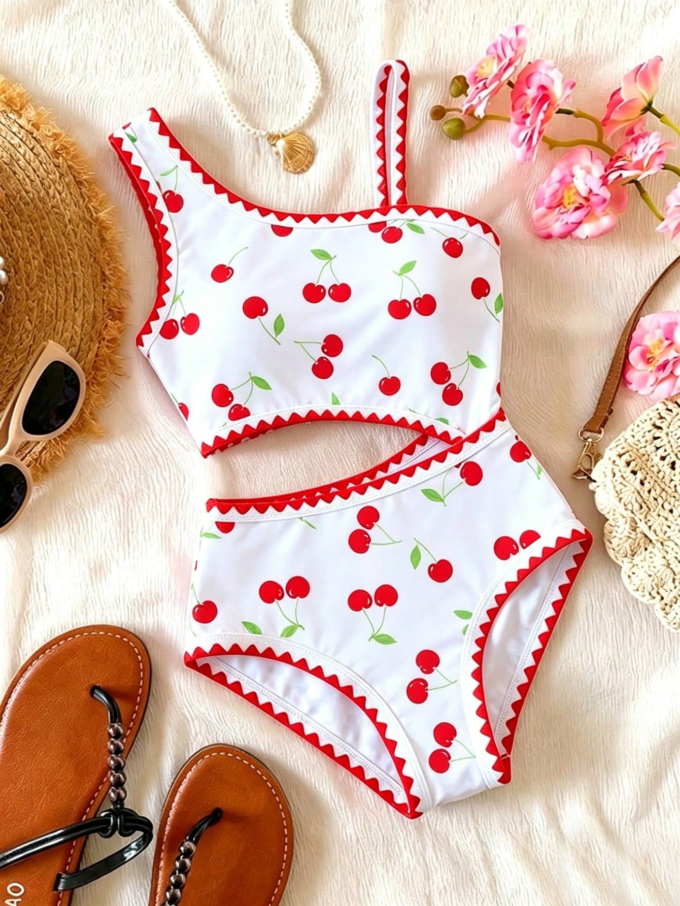 Tween girls one-piece swimsuit featuring an asymmetric neckline, pendant decor, plain design, wireless bra, high-cut bottom, and medium-stretch fabric.