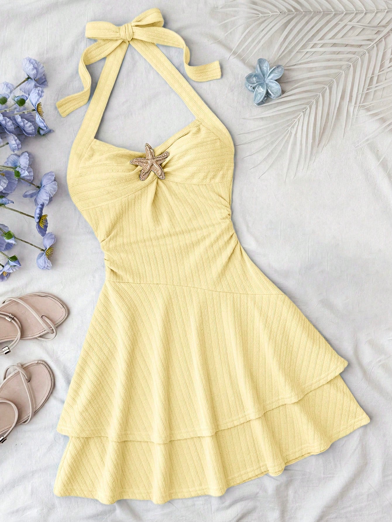 Tween girl summer dress in blue with striped pattern, halter neckline, tie front, sleeveless slim fit, high waist, and tiered ruffle hem for beach vacation and casual holiday wear.