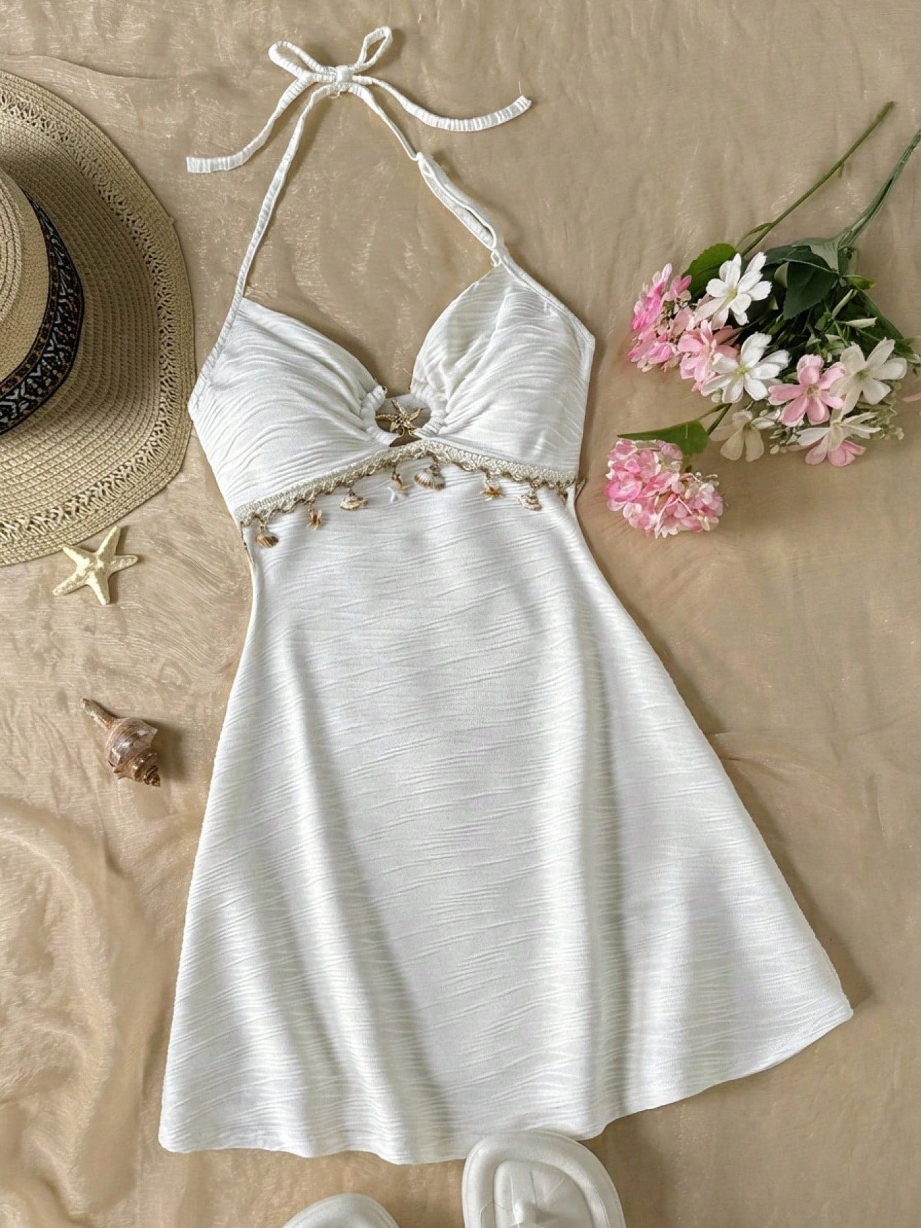 Apricot tween girls sleeveless halter cami dress with appliques, bow front, zipper detail, high waist, flared hem, and short slim fit design.