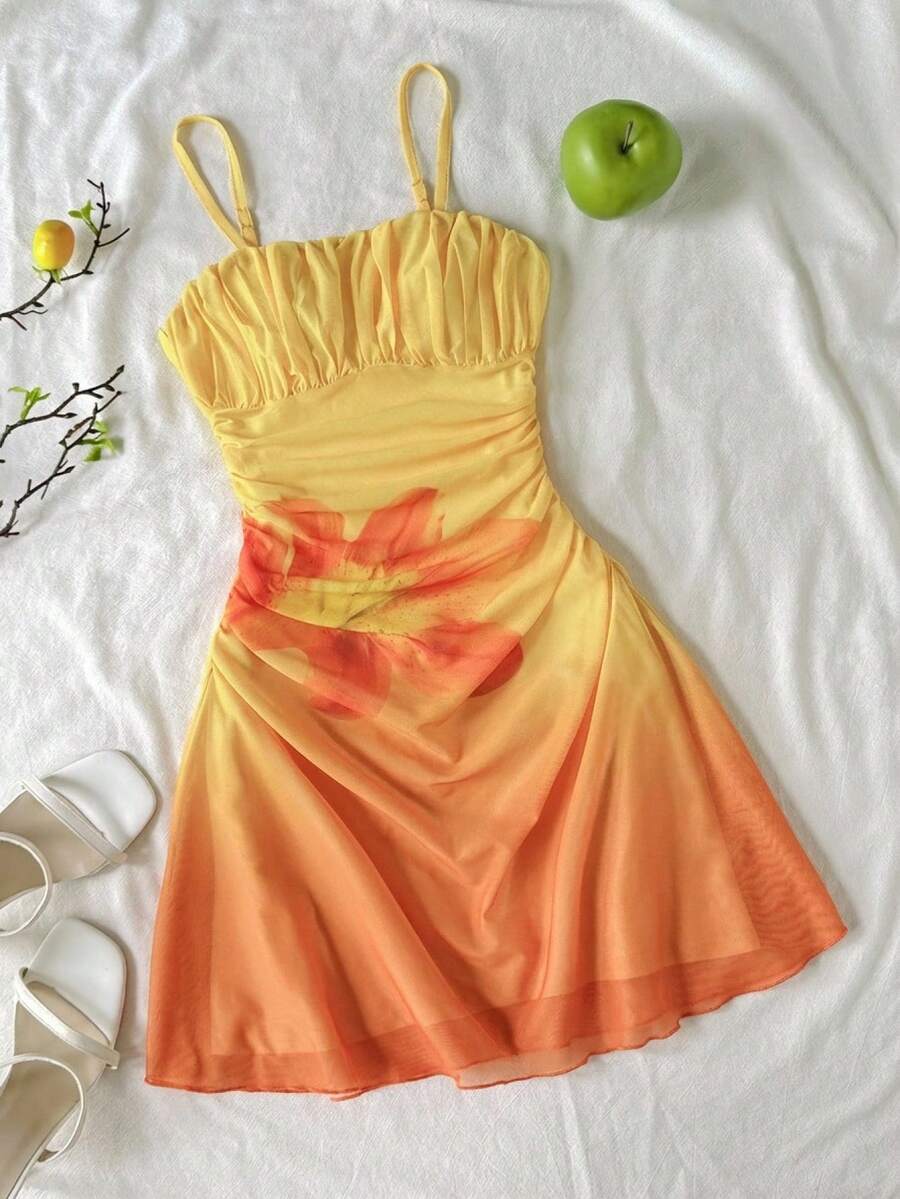 Multicolor tween girls sleeveless cami mini dress with spaghetti straps, ruched bust, shirred detail, high waist, flared hem, and zipper closure for vacation wear.
