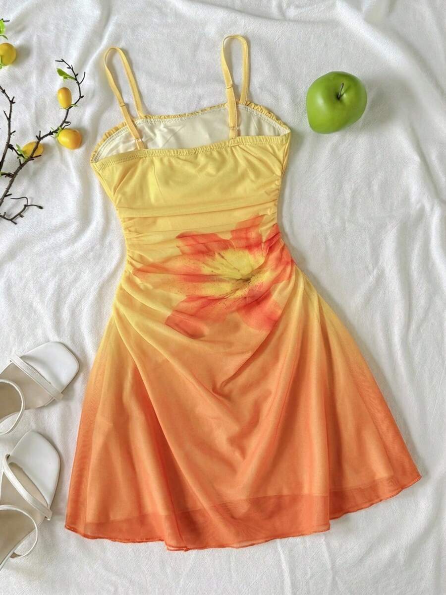 Multicolor tween girls sleeveless cami mini dress with spaghetti straps, ruched bust, shirred detail, high waist, flared hem, and zipper closure for vacation wear.