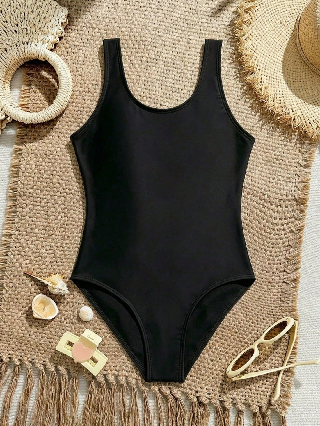 White plain camisole one-piece swimsuit for tween girls with scoop neck, fitted shape, mid-waist bottom, and wireless bra for swimming, beach, pool, or vacation wear.