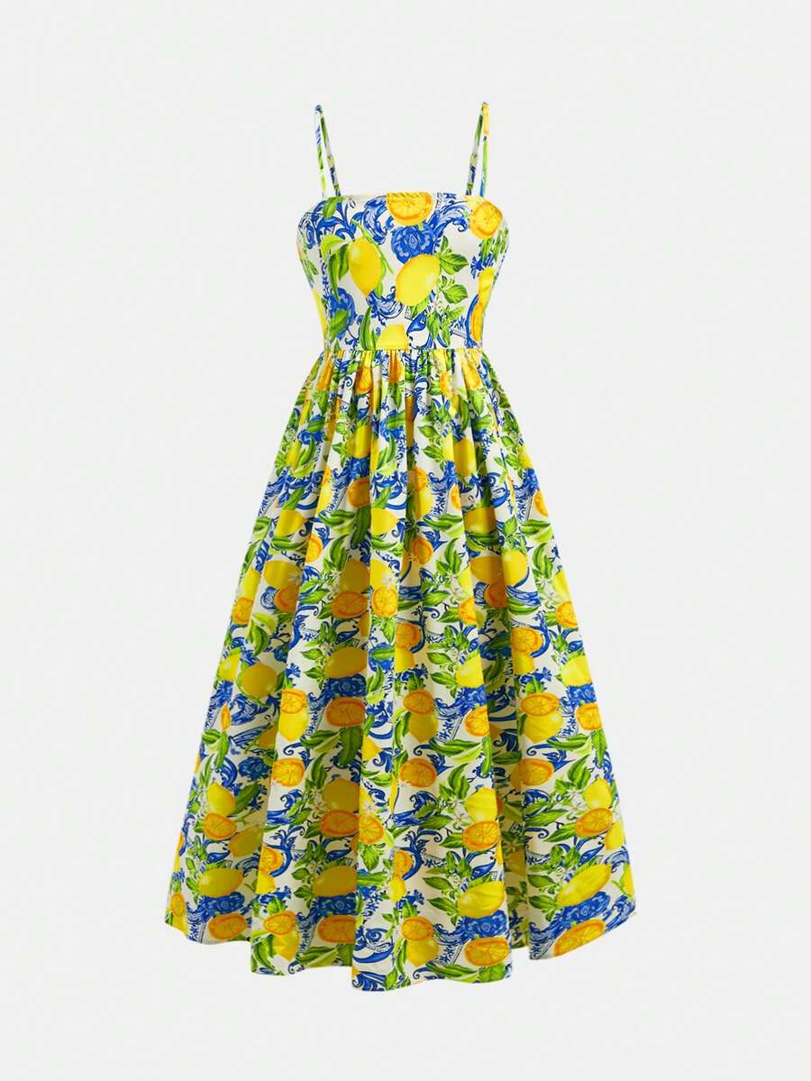 Tween girls blue striped summer camisole dress featuring spaghetti straps, high waist, flared hem, and back zipper detail.