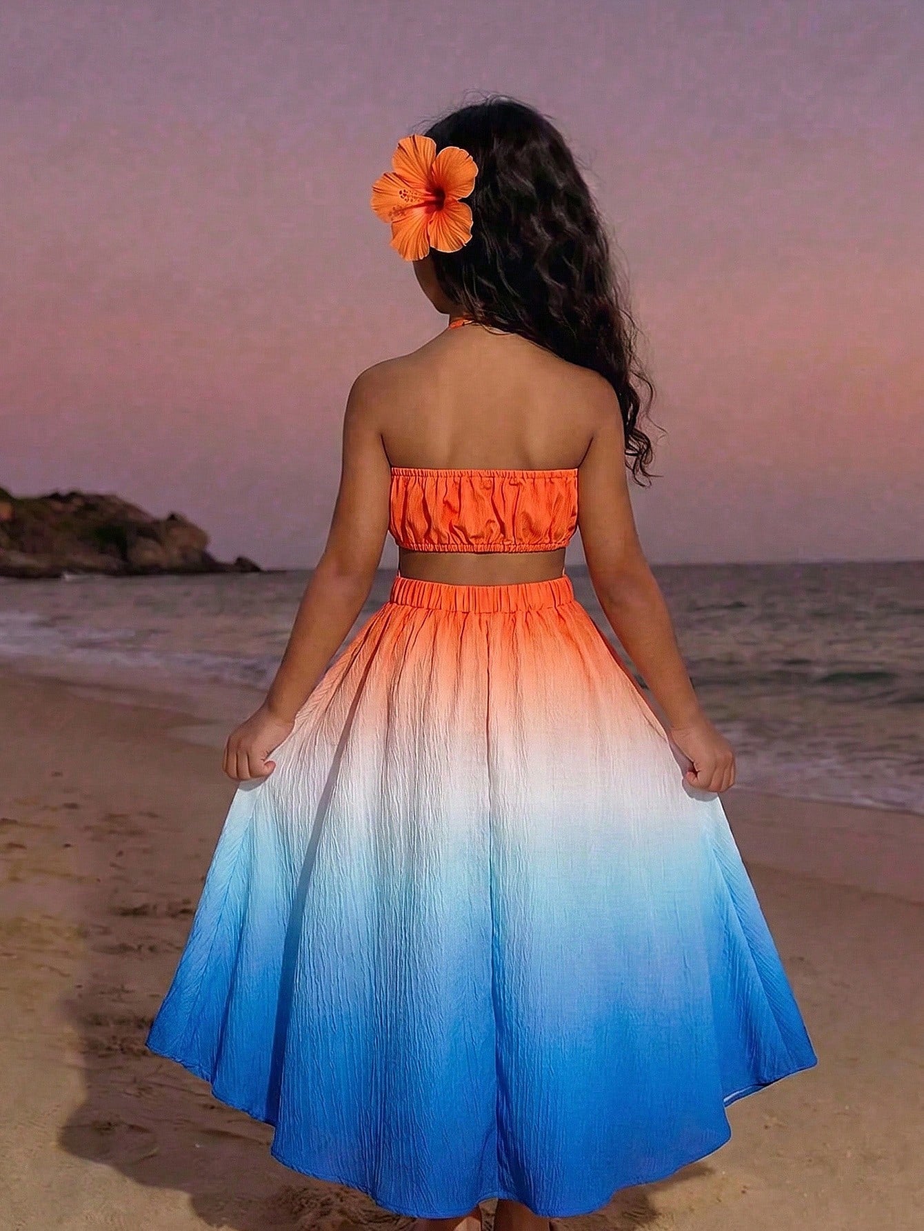 Tween girls floral halter dress with backless sleeveless design, belted high waist, shirred details, appliques, and flared A-line midi silhouette for summer vacation or graduation outfit.