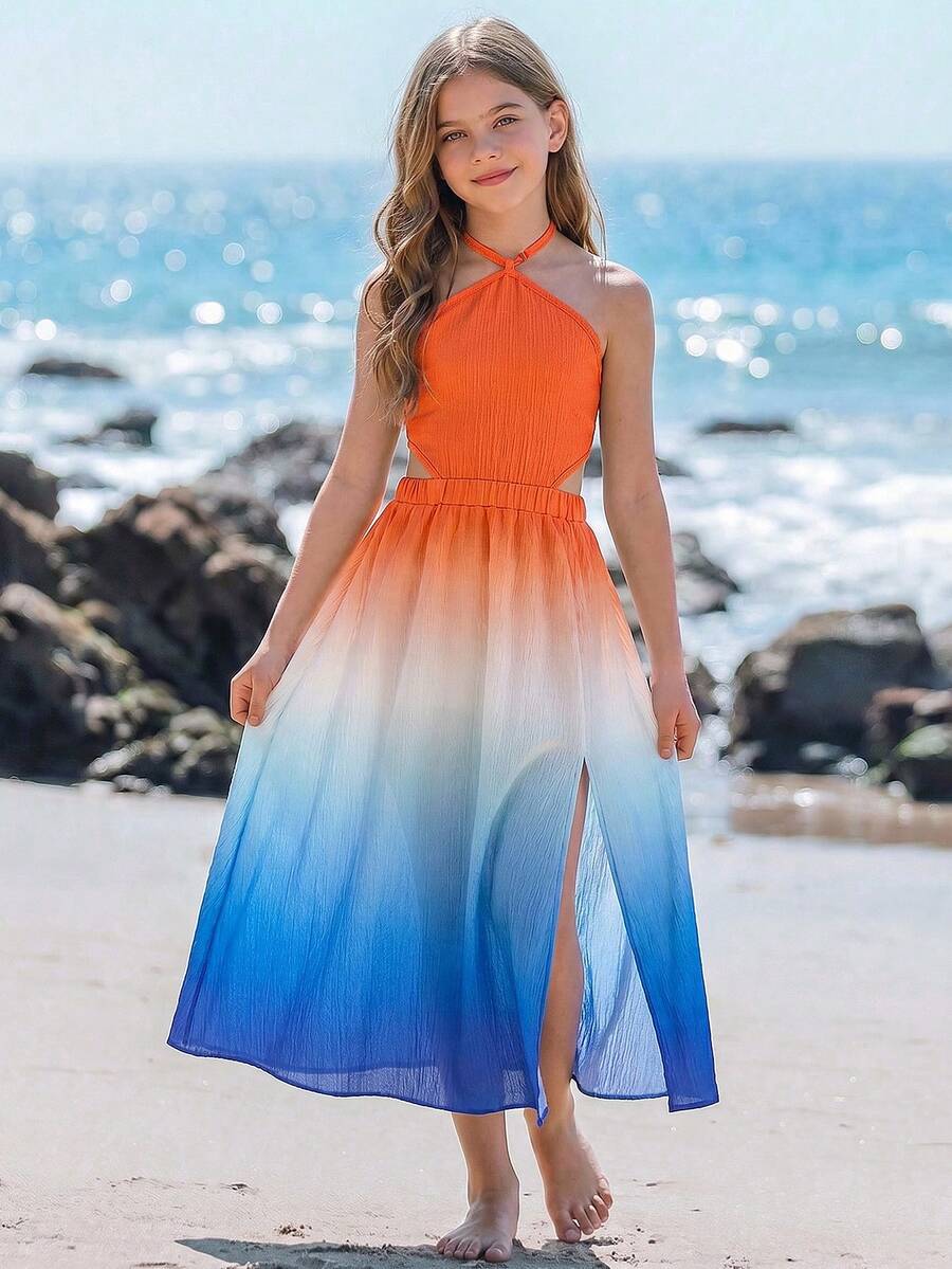 Tween girls floral halter dress with backless sleeveless design, belted high waist, shirred details, appliques, and flared A-line midi silhouette for summer vacation or graduation outfit.