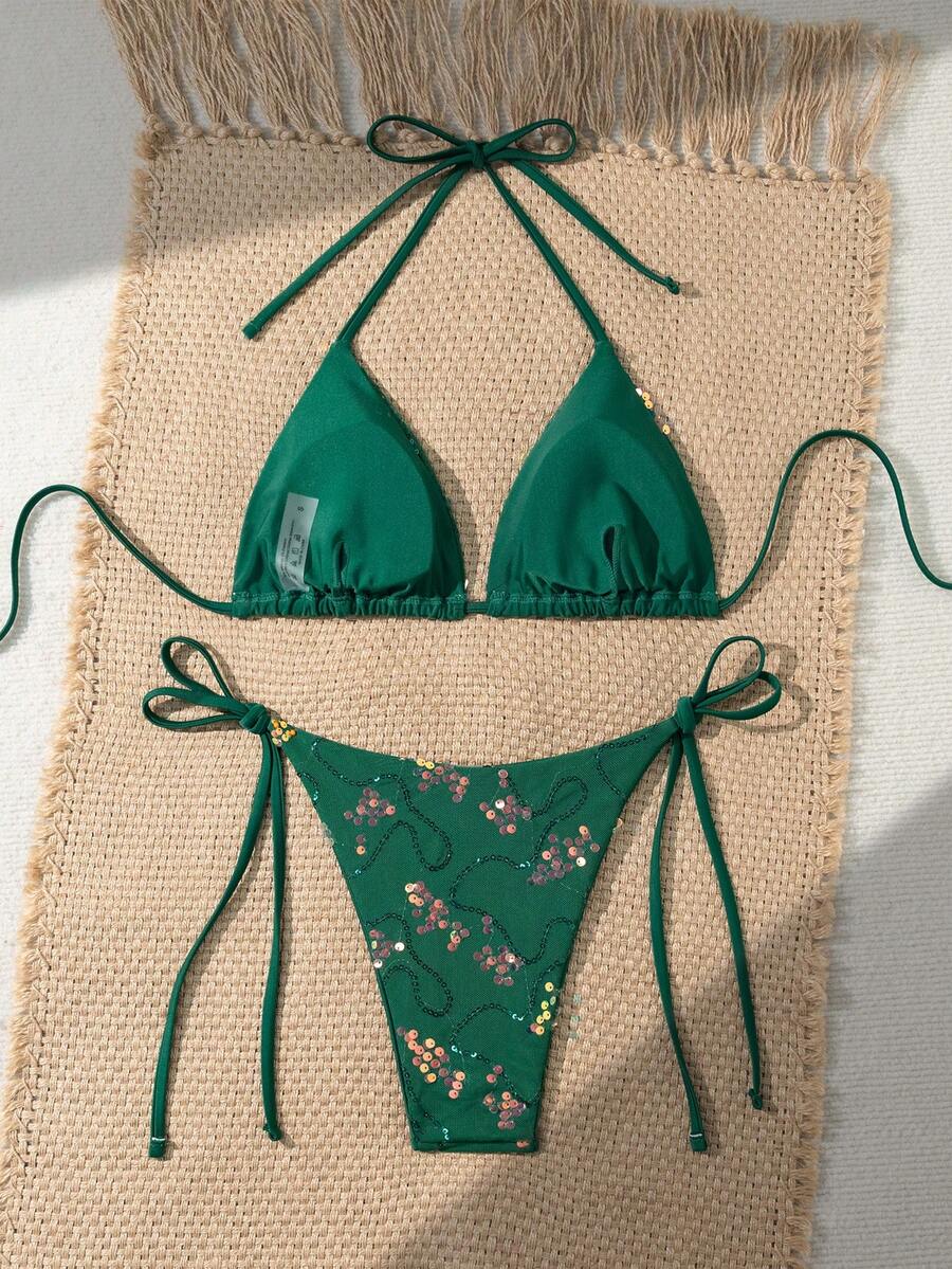 Women's sequin textured halter triangle bikini top and high-waist side tie bikini bottom swimsuit set