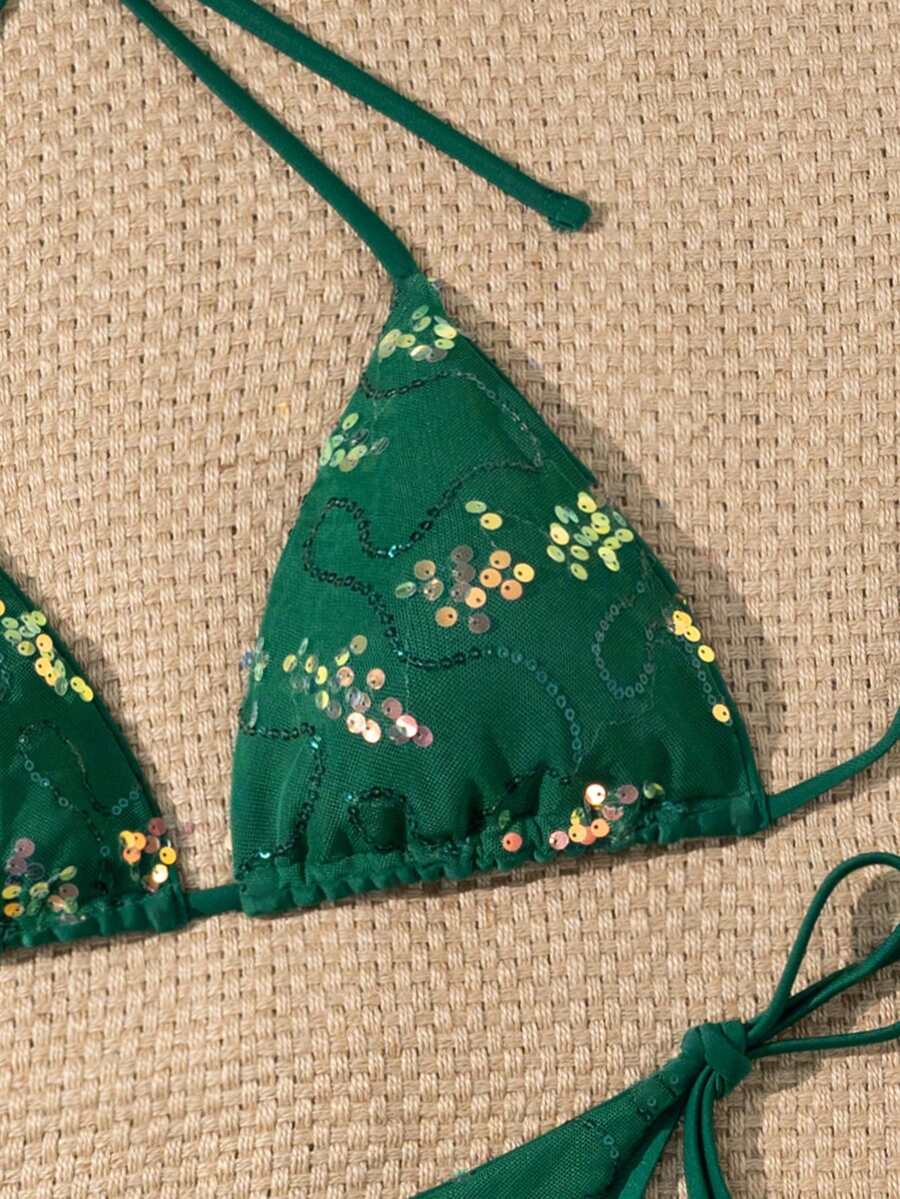 Women's sequin textured halter triangle bikini top and high-waist side tie bikini bottom swimsuit set