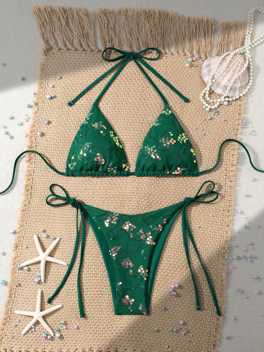 Women's sequin textured halter triangle bikini top and high-waist side tie bikini bottom swimsuit set