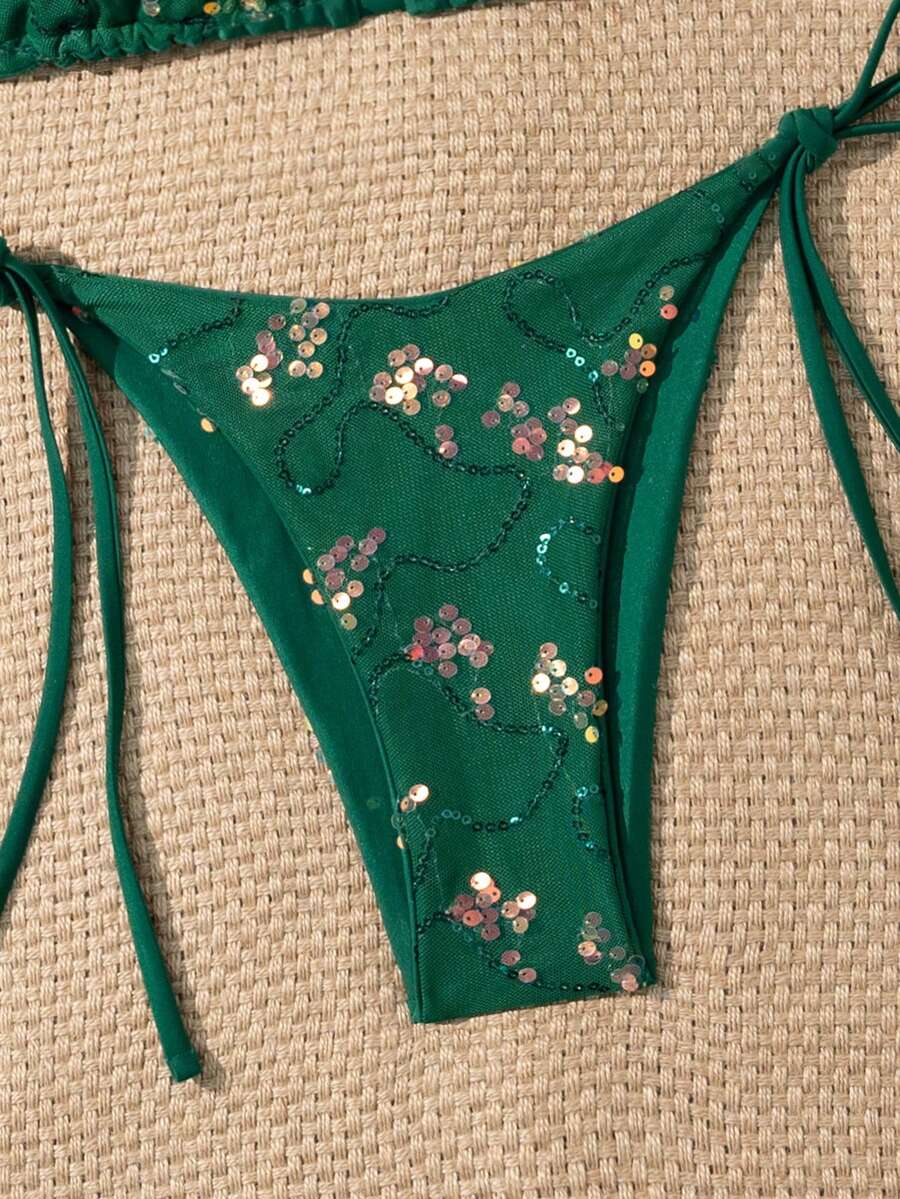 Women's sequin textured halter triangle bikini top and high-waist side tie bikini bottom swimsuit set
