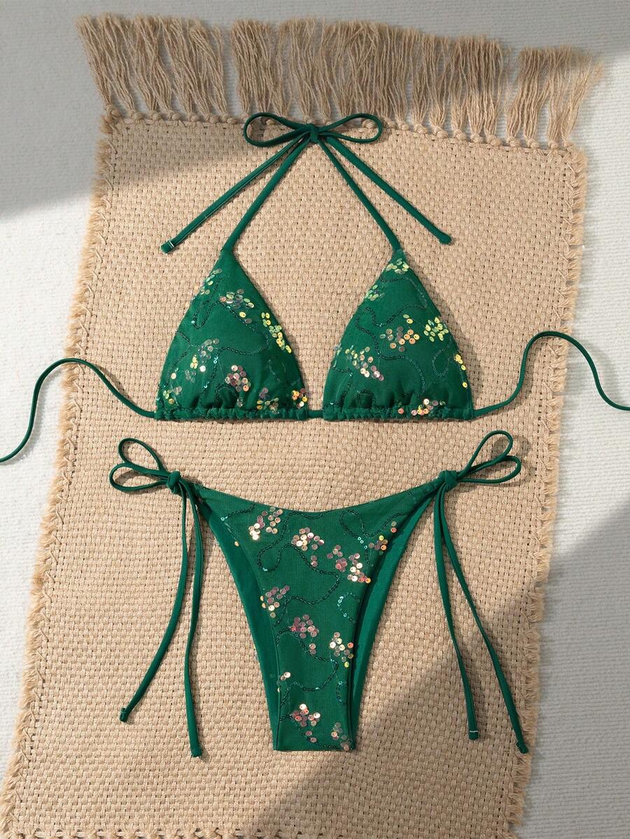 Women's sequin textured halter triangle bikini top and high-waist side tie bikini bottom swimsuit set