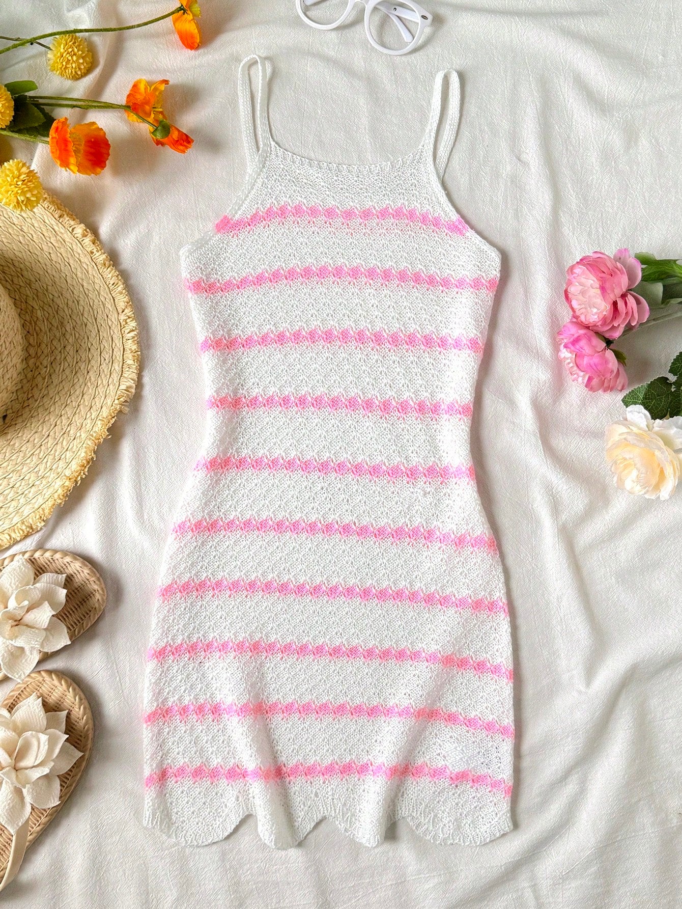 Baby pink striped girls swimsuit cover up with spaghetti straps and sleeveless design for summer beach and pool wear