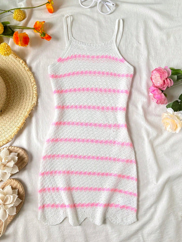 Baby pink striped girls swimsuit cover up with spaghetti straps and sleeveless design for summer beach and pool wear