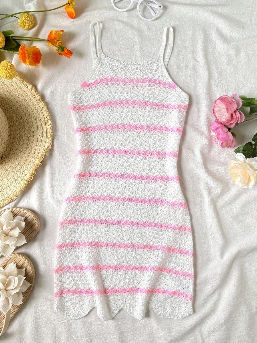 Baby pink striped girls swimsuit cover up with spaghetti straps and sleeveless design for summer beach and pool wear