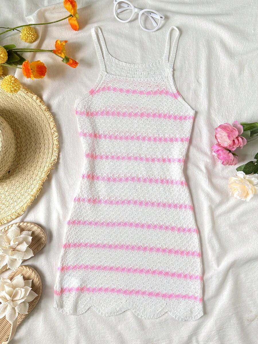 Baby pink striped girls swimsuit cover up with spaghetti straps and sleeveless design for summer beach and pool wear