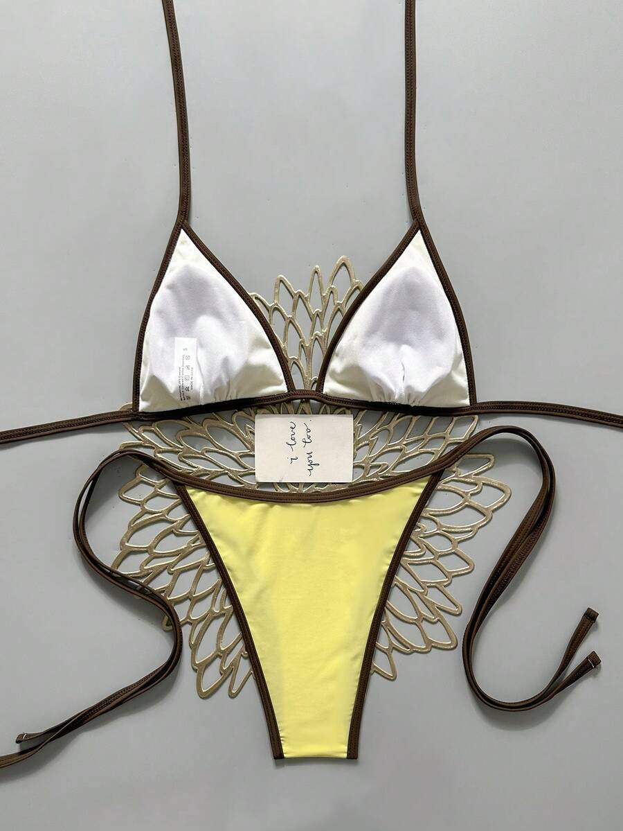 Women's apricot solid halter tie bikini top with triangle cups and matching tie-side swimsuit bottoms.