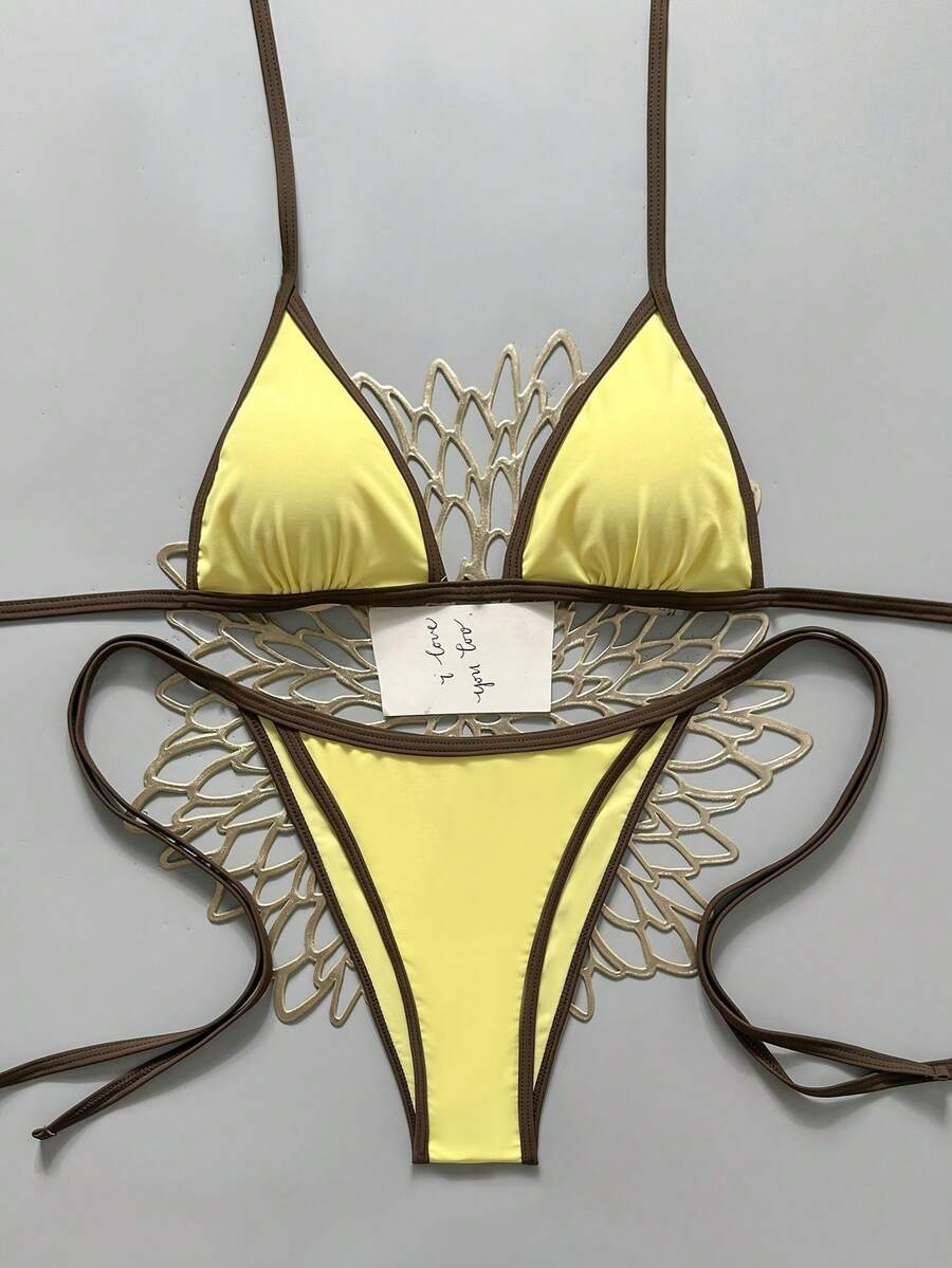Women's apricot solid halter tie bikini top with triangle cups and matching tie-side swimsuit bottoms.