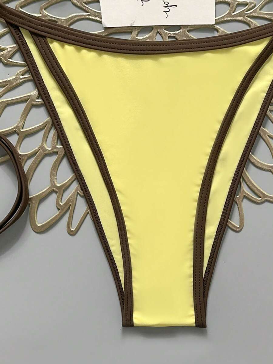 Women's apricot solid halter tie bikini top with triangle cups and matching tie-side swimsuit bottoms.
