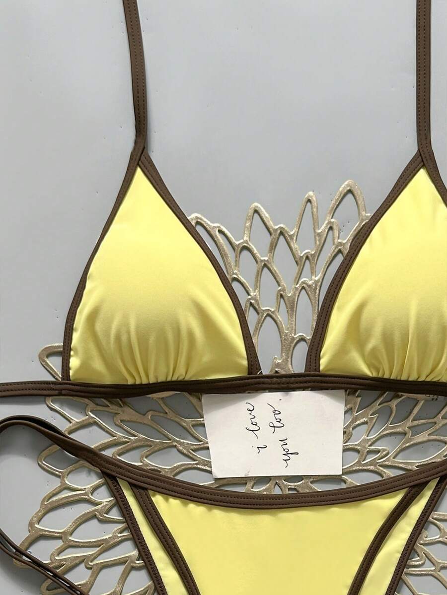 Women's apricot solid halter tie bikini top with triangle cups and matching tie-side swimsuit bottoms.