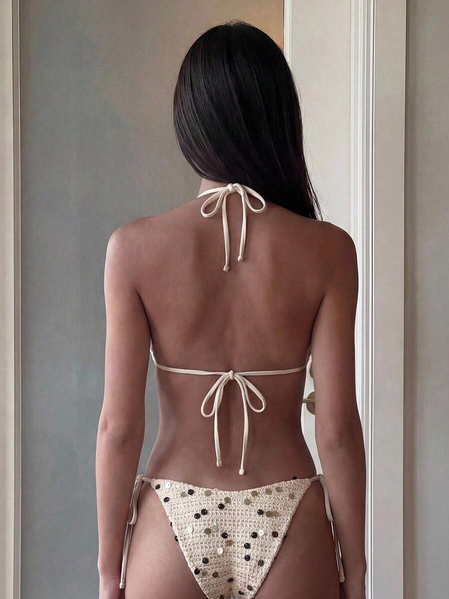 Women's sequin textured halter triangle bikini top and high-waist side tie bikini bottom swimsuit set
