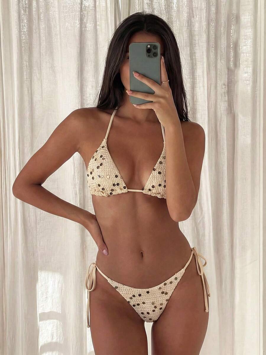 Women's sequin textured halter triangle bikini top and high-waist side tie bikini bottom swimsuit set