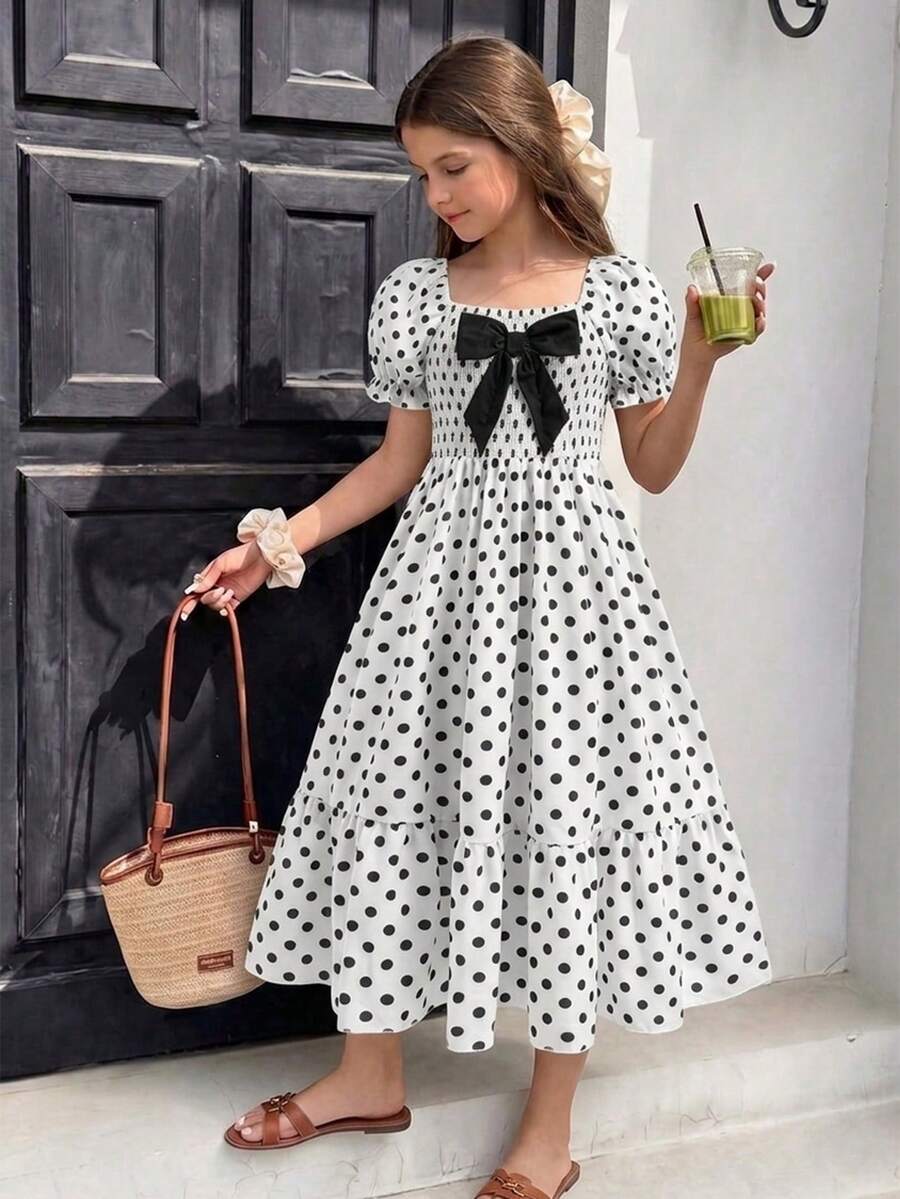 Tween girls black and white geometric short sleeve midi dress with square neck and bow front decor
