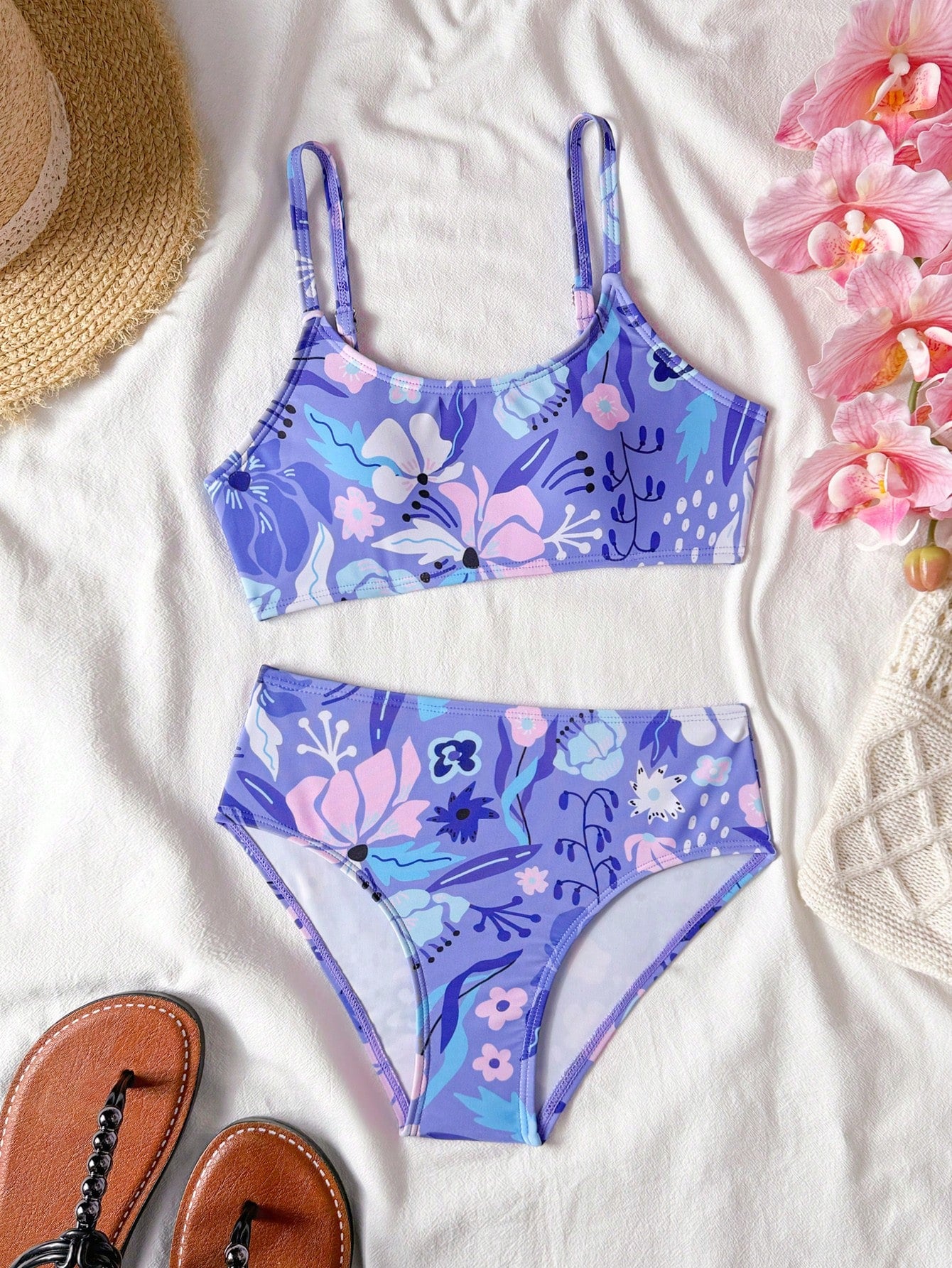Tween Girls Bikini Sets, Black Solid Color Knit Fabric, Adjustable Shoulder Straps, Two Pieces Swimwear, Fashionable Casual Elegant Suitable For Swimming, Summer Beach, Pool, Vacation