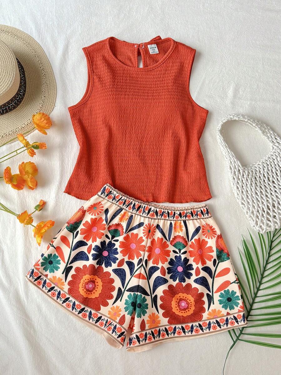 Tween girls casual blue tank top featuring round neck, textured fabric, and bow detail paired with matching shorts set.
