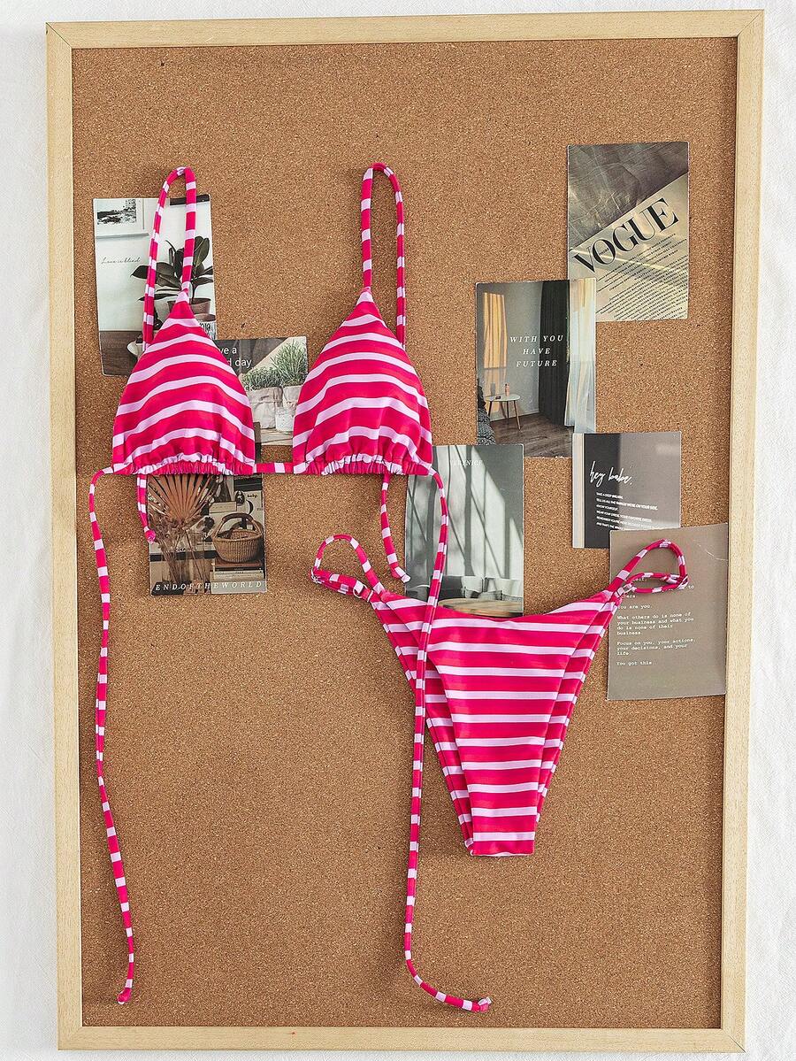 Women's printed halter neck tie two-piece swimwear featuring a wireless triangle top with removable padding and high-waist high-cut bikini bottoms.
