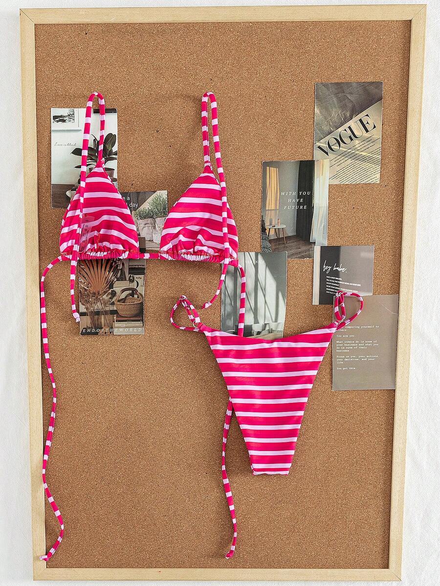 Women's printed halter neck tie two-piece swimwear featuring a wireless triangle top with removable padding and high-waist high-cut bikini bottoms.