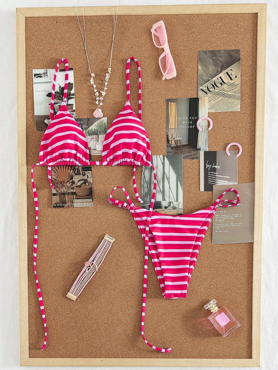 Women's printed halter neck tie two-piece swimwear featuring a wireless triangle top with removable padding and high-waist high-cut bikini bottoms.