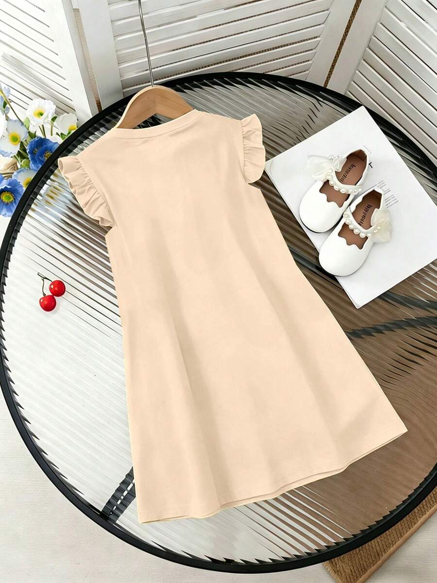 Girls black ruffle sleeve midi dress featuring a loose fit tunic silhouette, round neckline, button details, and short flounce sleeves.