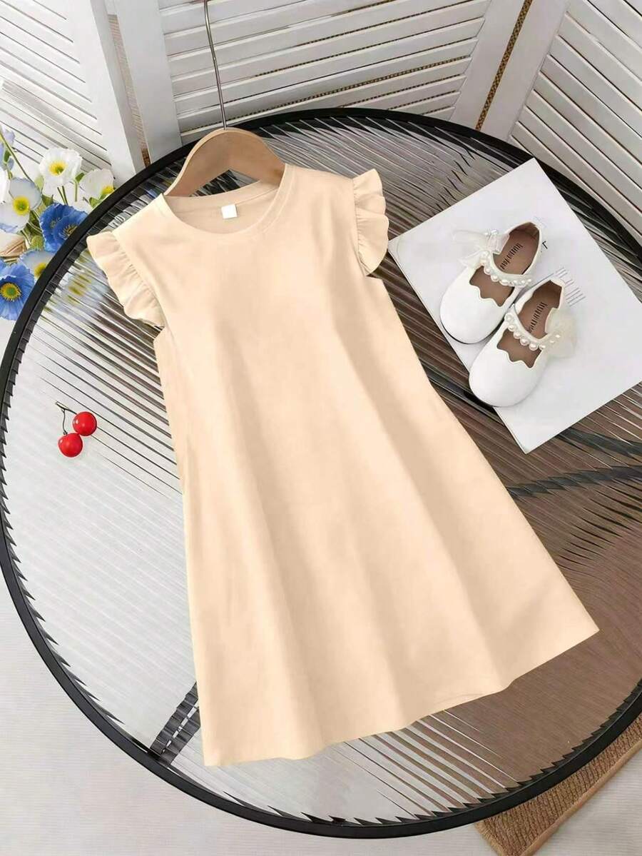 Girls black ruffle sleeve midi dress featuring a loose fit tunic silhouette, round neckline, button details, and short flounce sleeves.