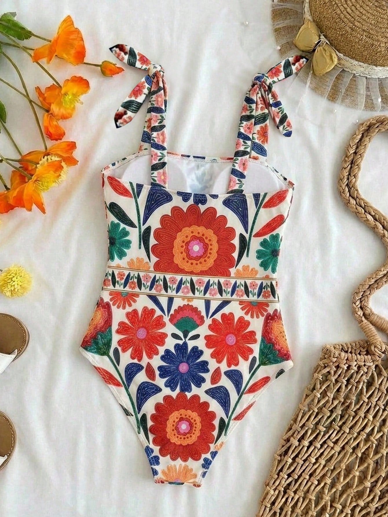 Tween girls multicolor floral one-piece swimsuit with tie shoulder straps, ruffle detail, short bottom, and vacation beach style