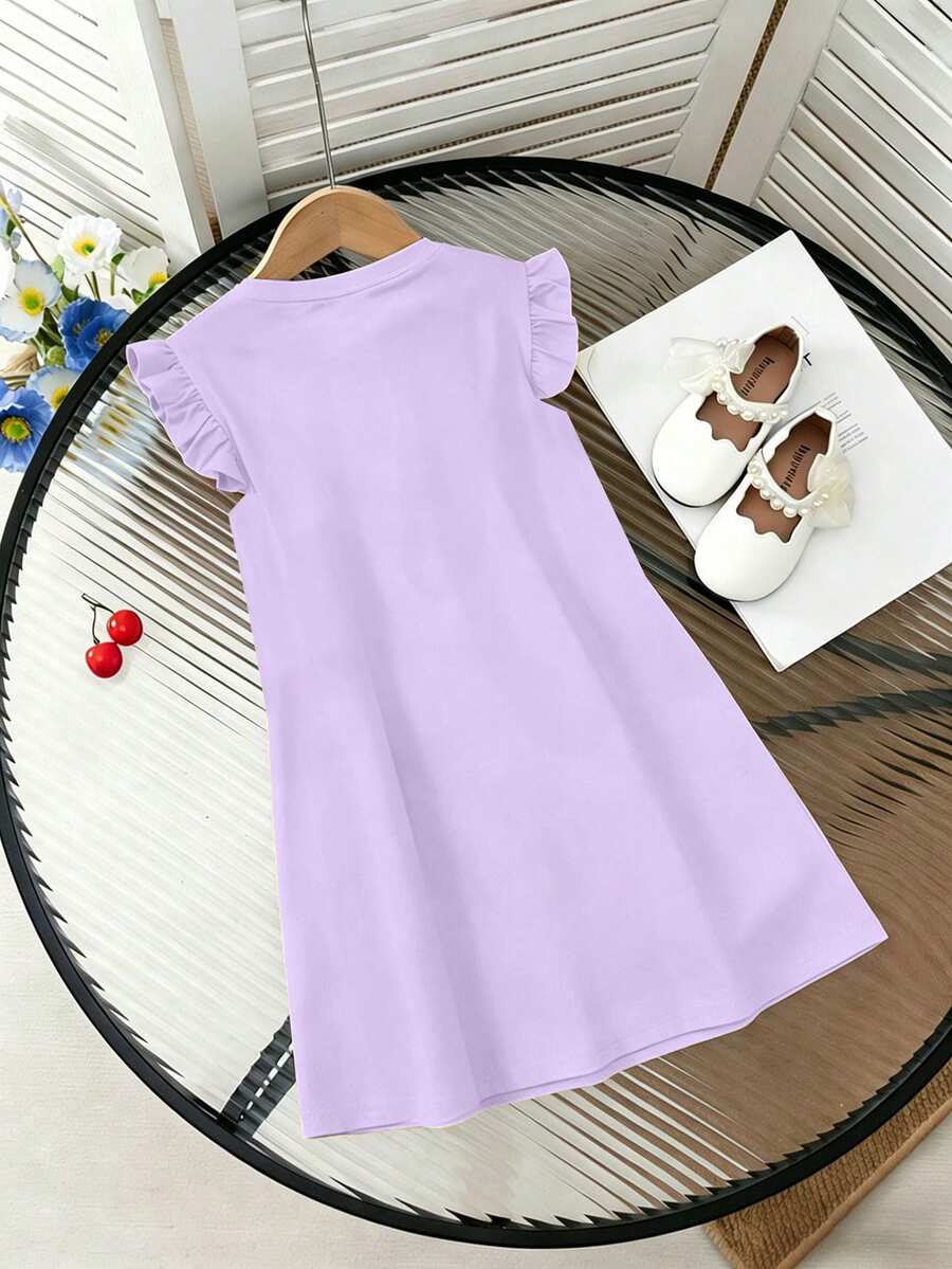 Girls black ruffle sleeve midi dress featuring a loose fit tunic silhouette, round neckline, button details, and short flounce sleeves.
