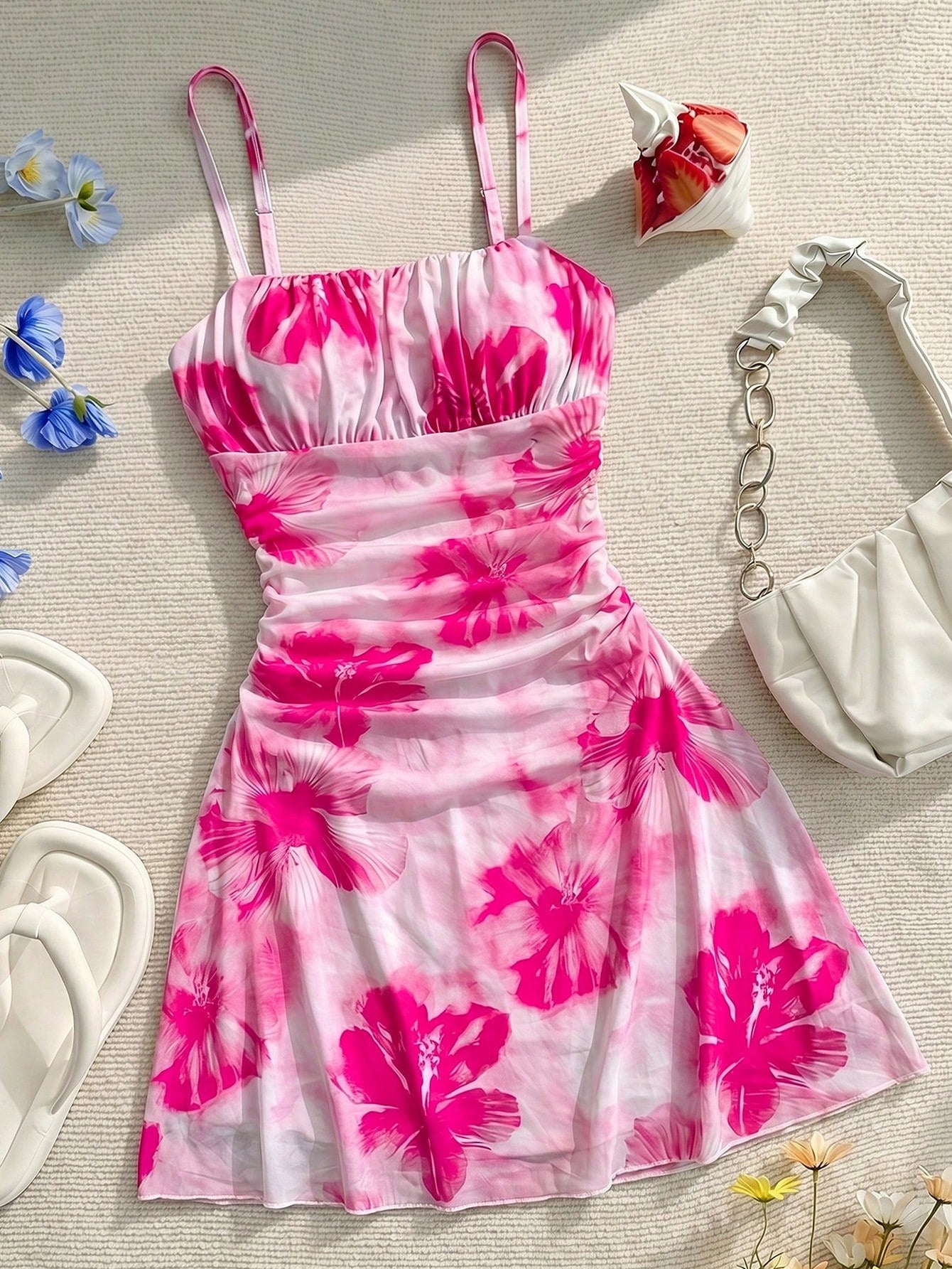 Yellow sleeveless tween girls cami dress with spaghetti straps, ruched bust, shirred details, high waist, and flared short A-line hem for vacation wear.
