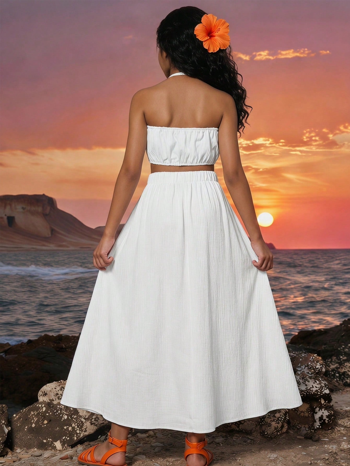 Tween girls floral halter dress with backless sleeveless design, belted high waist, shirred details, appliques, and flared A-line midi silhouette for summer vacation or graduation outfit.