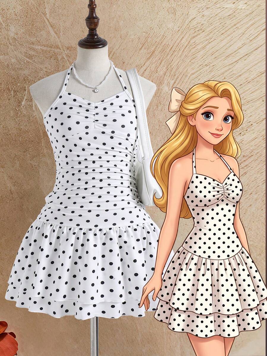 Tween girls apricot sleeveless halter mini dress with textured starfish and shell decor, shirred tiered layer, high waist, and flounce hem.