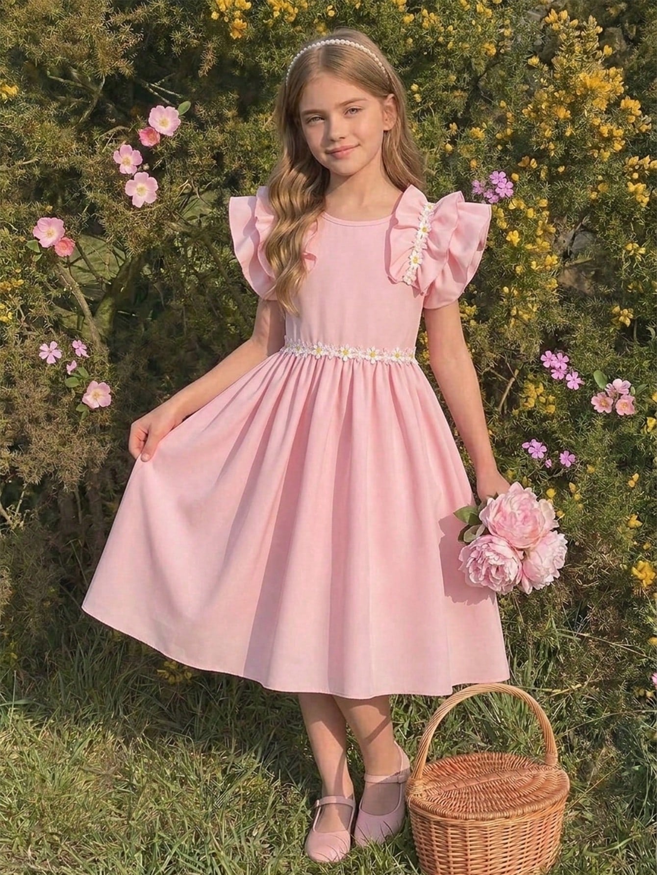 Tween girls dusty blue casual A-line dress with round neck, ruffle accents, high waist, and flared hem.