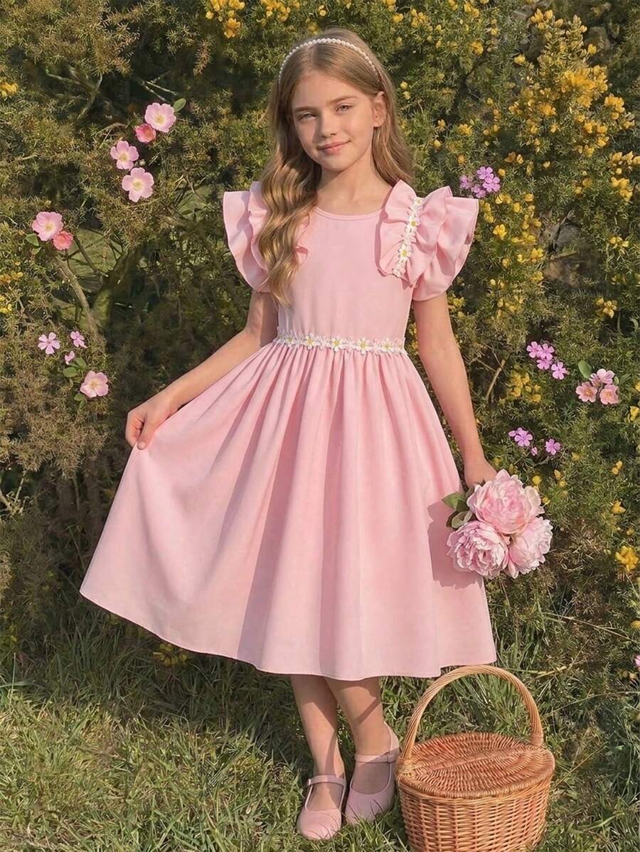 Tween girls dusty blue casual A-line dress with round neck, ruffle accents, high waist, and flared hem.